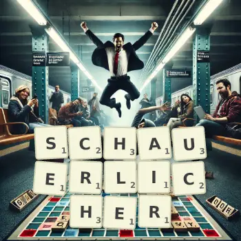 Kreative Illustration für ein Scrabble-Spiel, bei dem das Wort SCHAUERLICHER mit Steinen auf dem Brett gelegt wurde.