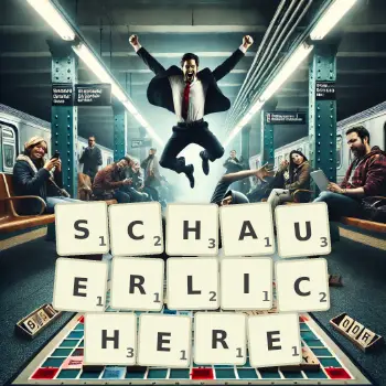 Kreative Illustration für ein Scrabble-Spiel, bei dem das Wort SCHAUERLICHERE mit Steinen auf dem Brett gelegt wurde.