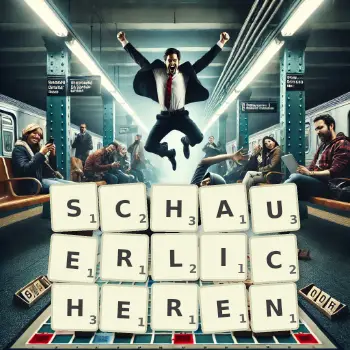 Kreative Illustration für ein Scrabble-Spiel, bei dem das Wort SCHAUERLICHEREN mit Steinen auf dem Brett gelegt wurde.