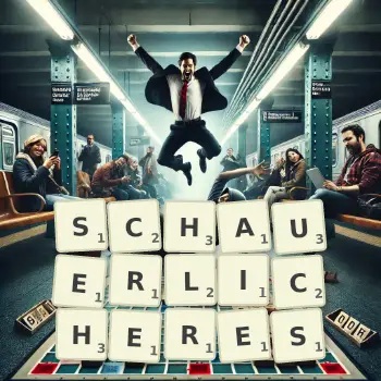 Kreative Illustration für ein Scrabble-Spiel, bei dem das Wort SCHAUERLICHERES mit Steinen auf dem Brett gelegt wurde.