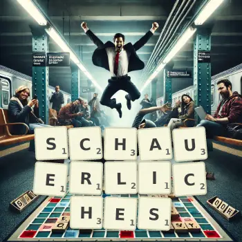 Kreative Illustration für ein Scrabble-Spiel, bei dem das Wort SCHAUERLICHES mit Steinen auf dem Brett gelegt wurde.