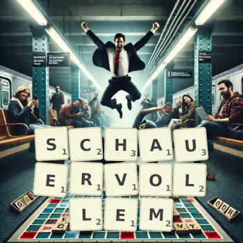 Kreative Illustration für ein Scrabble-Spiel, bei dem das Wort SCHAUERVOLLEM mit Steinen auf dem Brett gelegt wurde.
