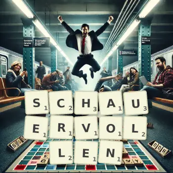 Kreative Illustration für ein Scrabble-Spiel, bei dem das Wort SCHAUERVOLLEN mit Steinen auf dem Brett gelegt wurde.
