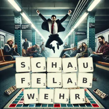 Kreative Illustration für ein Scrabble-Spiel, bei dem das Wort SCHAUFELABWEHR mit Steinen auf dem Brett gelegt wurde.