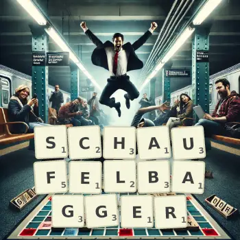 Kreative Illustration für ein Scrabble-Spiel, bei dem das Wort SCHAUFELBAGGER mit Steinen auf dem Brett gelegt wurde.