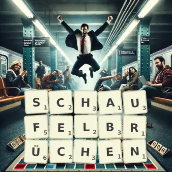 Kreative Illustration für ein Scrabble-Spiel, bei dem das Wort SCHAUFELBRÜCHEN mit Steinen auf dem Brett gelegt wurde.