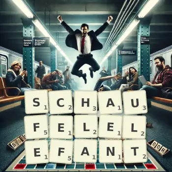 Kreative Illustration für ein Scrabble-Spiel, bei dem das Wort SCHAUFELELEFANT mit Steinen auf dem Brett gelegt wurde.
