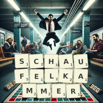 Kreative Illustration für ein Scrabble-Spiel, bei dem das Wort SCHAUFELKAMMER mit Steinen auf dem Brett gelegt wurde.
