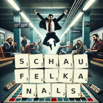 Kreative Illustration für ein Scrabble-Spiel, bei dem das Wort SCHAUFELKANALS mit Steinen auf dem Brett gelegt wurde.