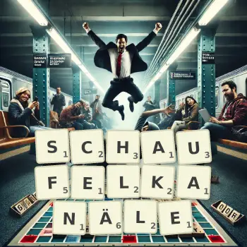 Kreative Illustration für ein Scrabble-Spiel, bei dem das Wort SCHAUFELKANÄLE mit Steinen auf dem Brett gelegt wurde.