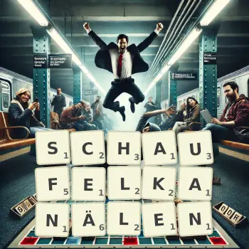 Kreative Illustration für ein Scrabble-Spiel, bei dem das Wort SCHAUFELKANÄLEN mit Steinen auf dem Brett gelegt wurde.