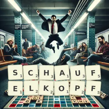 Kreative Illustration für ein Scrabble-Spiel, bei dem das Wort SCHAUFELKOPF mit Steinen auf dem Brett gelegt wurde.