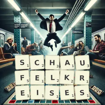 Kreative Illustration für ein Scrabble-Spiel, bei dem das Wort SCHAUFELKREISES mit Steinen auf dem Brett gelegt wurde.