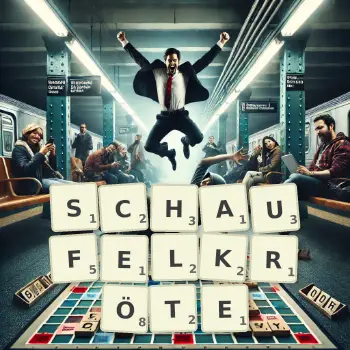 Kreative Illustration für ein Scrabble-Spiel, bei dem das Wort SCHAUFELKRÖTE mit Steinen auf dem Brett gelegt wurde.