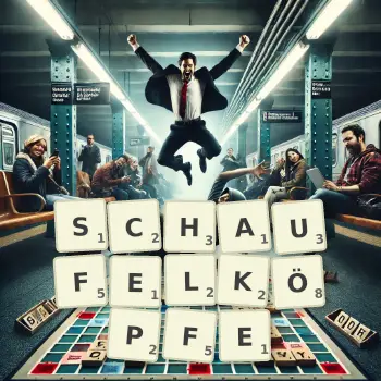 Kreative Illustration für ein Scrabble-Spiel, bei dem das Wort SCHAUFELKÖPFE mit Steinen auf dem Brett gelegt wurde.