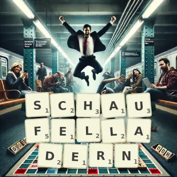 Kreative Illustration für ein Scrabble-Spiel, bei dem das Wort SCHAUFELLADERN mit Steinen auf dem Brett gelegt wurde.