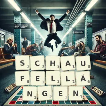 Kreative Illustration für ein Scrabble-Spiel, bei dem das Wort SCHAUFELLÄNGEN mit Steinen auf dem Brett gelegt wurde.