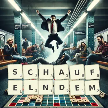 Kreative Illustration für ein Scrabble-Spiel, bei dem das Wort SCHAUFELNDEM mit Steinen auf dem Brett gelegt wurde.