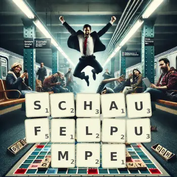 Kreative Illustration für ein Scrabble-Spiel, bei dem das Wort SCHAUFELPUMPE mit Steinen auf dem Brett gelegt wurde.