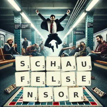 Kreative Illustration für ein Scrabble-Spiel, bei dem das Wort SCHAUFELSENSOR mit Steinen auf dem Brett gelegt wurde.