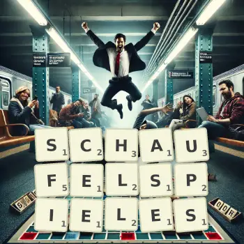 Kreative Illustration für ein Scrabble-Spiel, bei dem das Wort SCHAUFELSPIELES mit Steinen auf dem Brett gelegt wurde.