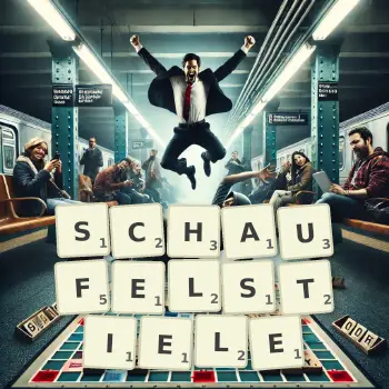 Kreative Illustration für ein Scrabble-Spiel, bei dem das Wort SCHAUFELSTIELE mit Steinen auf dem Brett gelegt wurde.