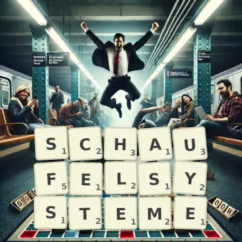 Kreative Illustration für ein Scrabble-Spiel, bei dem das Wort SCHAUFELSYSTEME mit Steinen auf dem Brett gelegt wurde.