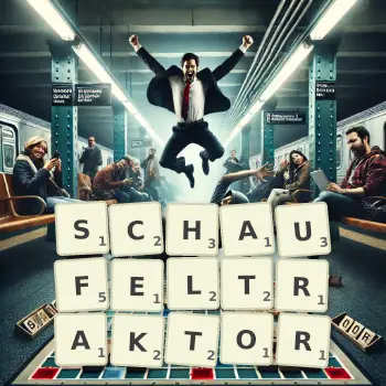 Kreative Illustration für ein Scrabble-Spiel, bei dem das Wort SCHAUFELTRAKTOR mit Steinen auf dem Brett gelegt wurde.