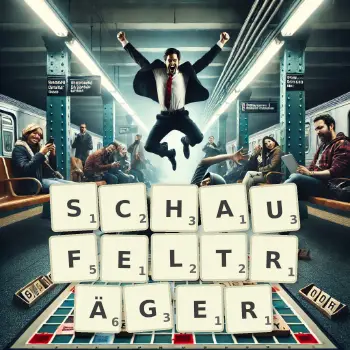 Kreative Illustration für ein Scrabble-Spiel, bei dem das Wort SCHAUFELTRÄGER mit Steinen auf dem Brett gelegt wurde.
