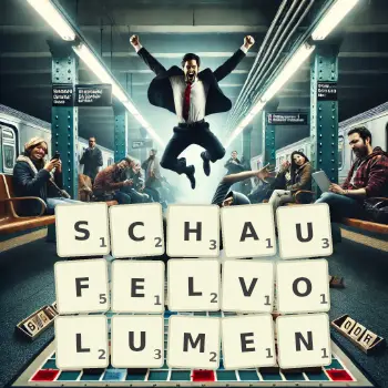 Kreative Illustration für ein Scrabble-Spiel, bei dem das Wort SCHAUFELVOLUMEN mit Steinen auf dem Brett gelegt wurde.