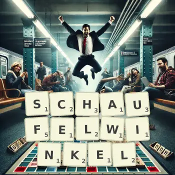 Kreative Illustration für ein Scrabble-Spiel, bei dem das Wort SCHAUFELWINKEL mit Steinen auf dem Brett gelegt wurde.