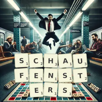 Kreative Illustration für ein Scrabble-Spiel, bei dem das Wort SCHAUFENSTERS mit Steinen auf dem Brett gelegt wurde.