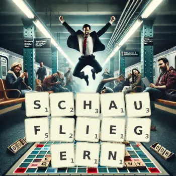 Kreative Illustration für ein Scrabble-Spiel, bei dem das Wort SCHAUFLIEGERN mit Steinen auf dem Brett gelegt wurde.