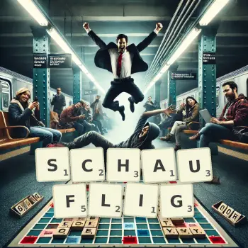 Kreative Illustration für ein Scrabble-Spiel, bei dem das Wort SCHAUFLIG mit Steinen auf dem Brett gelegt wurde.