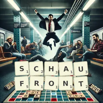 Kreative Illustration für ein Scrabble-Spiel, bei dem das Wort SCHAUFRONT mit Steinen auf dem Brett gelegt wurde.