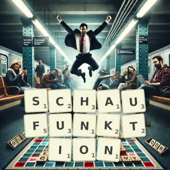 Kreative Illustration für ein Scrabble-Spiel, bei dem das Wort SCHAUFUNKTION mit Steinen auf dem Brett gelegt wurde.