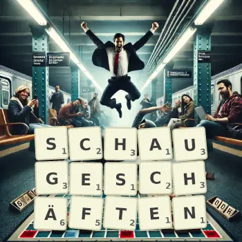 Kreative Illustration für ein Scrabble-Spiel, bei dem das Wort SCHAUGESCHÄFTEN mit Steinen auf dem Brett gelegt wurde.