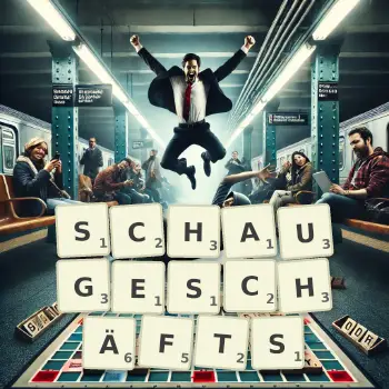 Kreative Illustration für ein Scrabble-Spiel, bei dem das Wort SCHAUGESCHÄFTS mit Steinen auf dem Brett gelegt wurde.