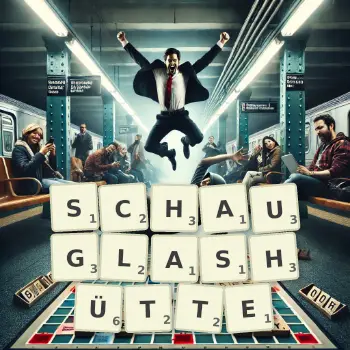 Kreative Illustration für ein Scrabble-Spiel, bei dem das Wort SCHAUGLASHÜTTE mit Steinen auf dem Brett gelegt wurde.