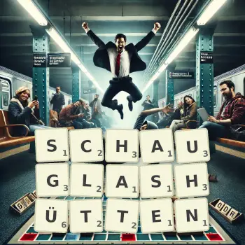 Kreative Illustration für ein Scrabble-Spiel, bei dem das Wort SCHAUGLASHÜTTEN mit Steinen auf dem Brett gelegt wurde.