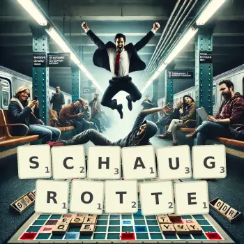 Kreative Illustration für ein Scrabble-Spiel, bei dem das Wort SCHAUGROTTE mit Steinen auf dem Brett gelegt wurde.