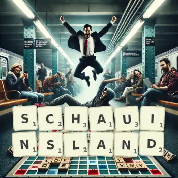 Kreative Illustration für ein Scrabble-Spiel, bei dem das Wort SCHAUINSLAND mit Steinen auf dem Brett gelegt wurde.