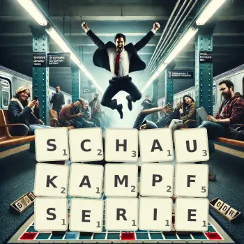 Kreative Illustration für ein Scrabble-Spiel, bei dem das Wort SCHAUKAMPFSERIE mit Steinen auf dem Brett gelegt wurde.
