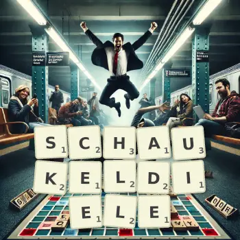 Kreative Illustration für ein Scrabble-Spiel, bei dem das Wort SCHAUKELDIELE mit Steinen auf dem Brett gelegt wurde.