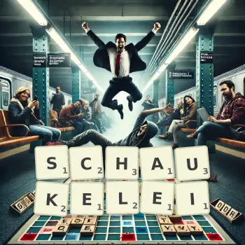 Kreative Illustration für ein Scrabble-Spiel, bei dem das Wort SCHAUKELEI mit Steinen auf dem Brett gelegt wurde.