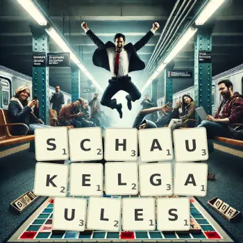 Kreative Illustration für ein Scrabble-Spiel, bei dem das Wort SCHAUKELGAULES mit Steinen auf dem Brett gelegt wurde.