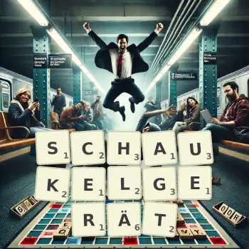 Kreative Illustration für ein Scrabble-Spiel, bei dem das Wort SCHAUKELGERÄT mit Steinen auf dem Brett gelegt wurde.