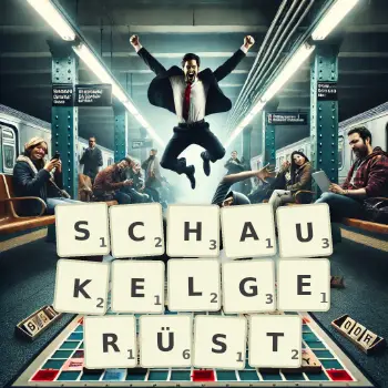 Kreative Illustration für ein Scrabble-Spiel, bei dem das Wort SCHAUKELGERÜST mit Steinen auf dem Brett gelegt wurde.