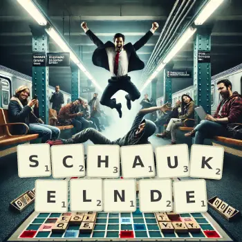 Kreative Illustration für ein Scrabble-Spiel, bei dem das Wort SCHAUKELNDE mit Steinen auf dem Brett gelegt wurde.