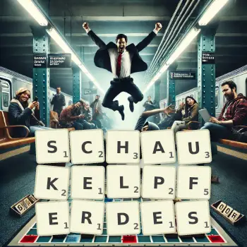Kreative Illustration für ein Scrabble-Spiel, bei dem das Wort SCHAUKELPFERDES mit Steinen auf dem Brett gelegt wurde.